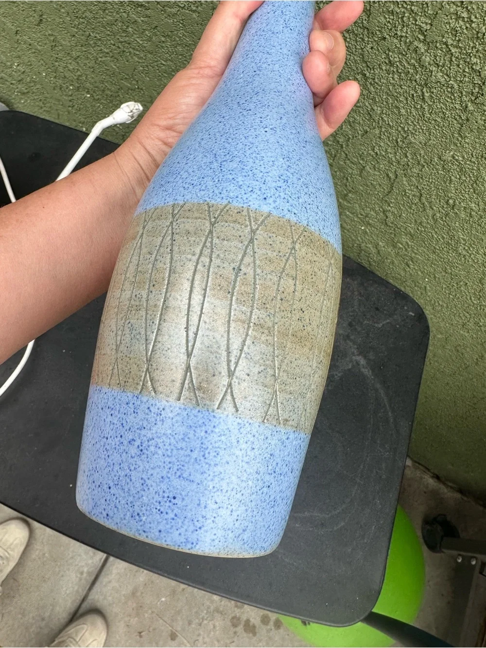 Vintage signed Tall Blue Ceramic Vase with Textured Beige Band